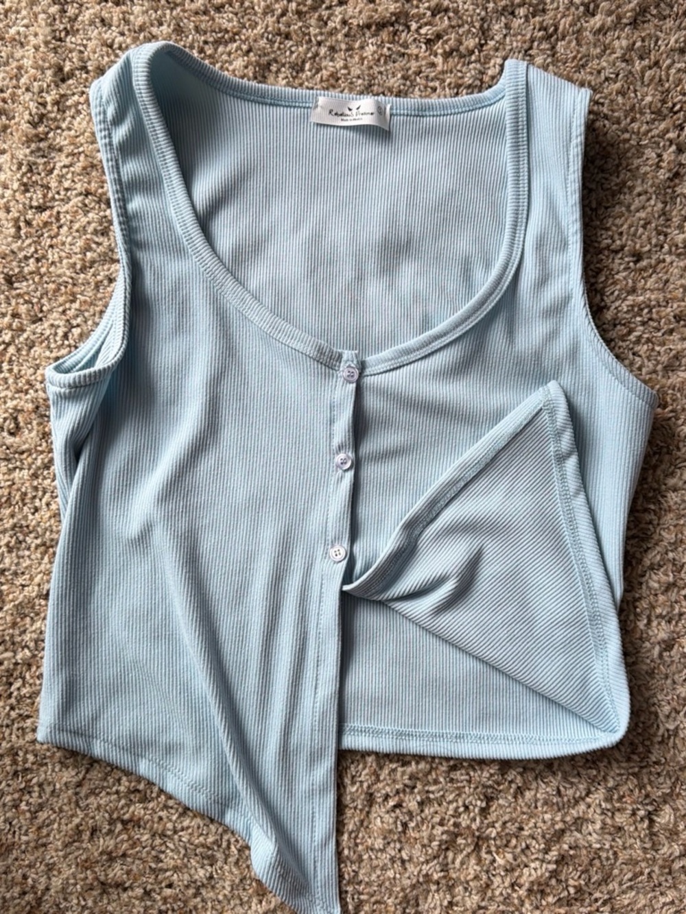 Ribbed Scoop-Neck Button Tank Top - Light Blue